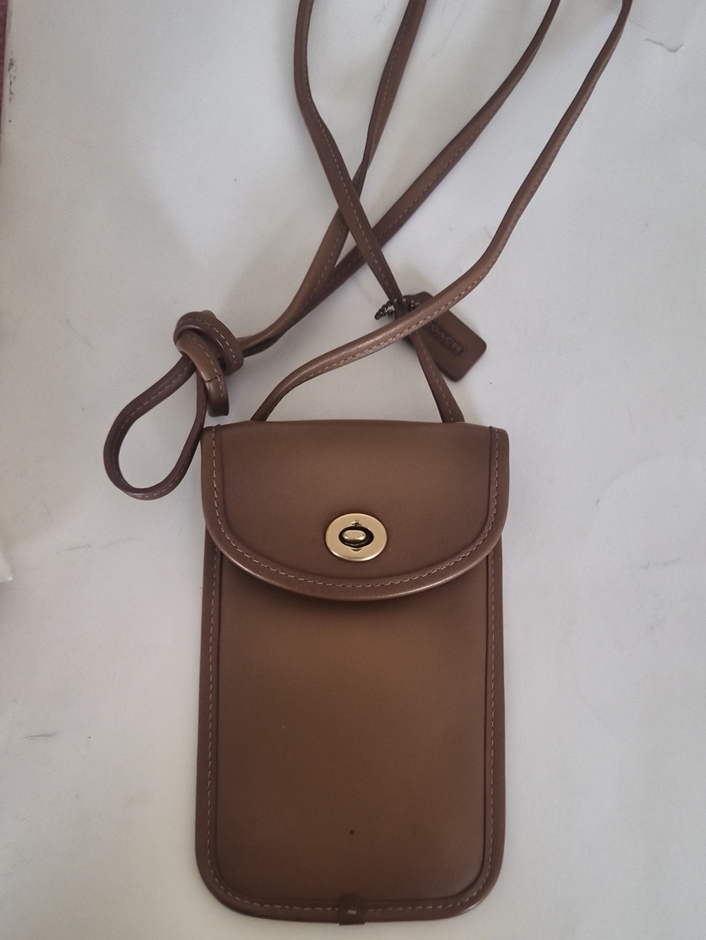 Coach Brown Leather Crossbody Phone Pouch with Gold Turn-Lock